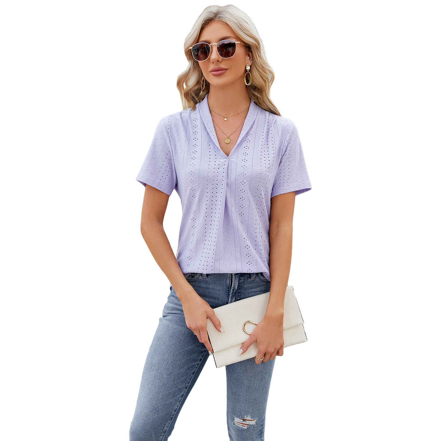 V-neck Hollow Design T-shirt Summer Loose Short-sleeved Top For Womens Clothing - globaltradeleader