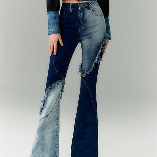 Geometric Raw Edge Jeans With High Waistline And Slimming Effect