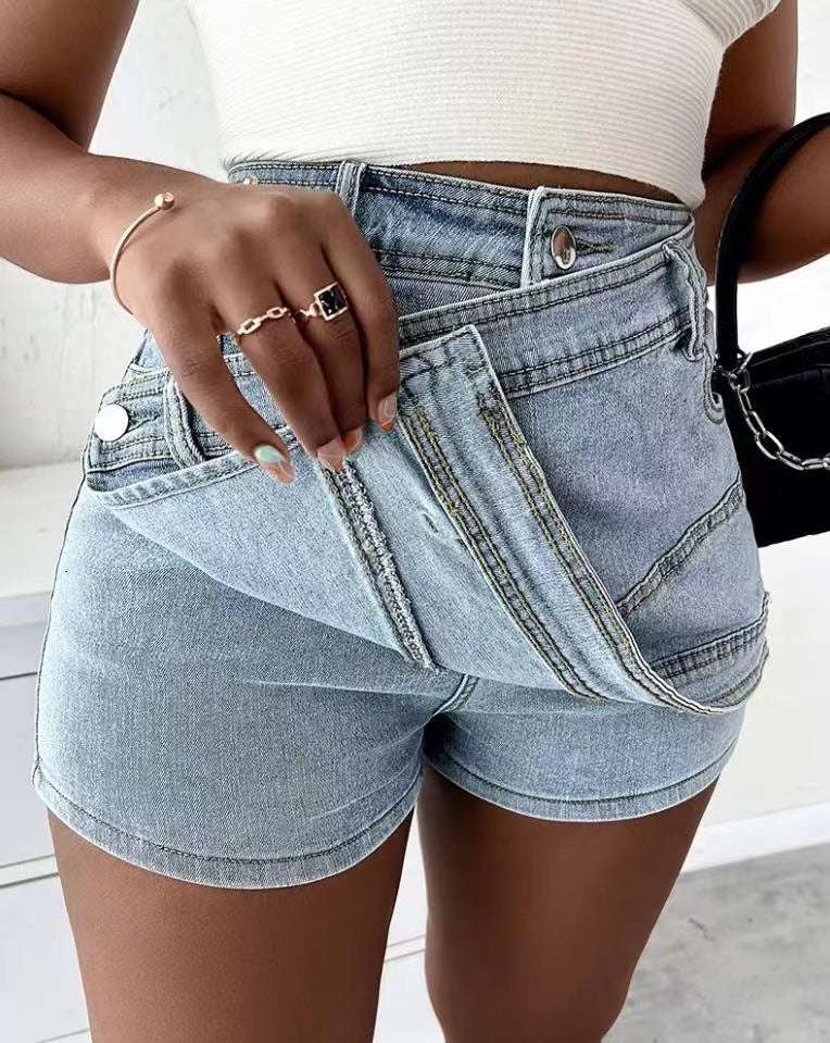 Street Vintage Denim Shorts Stretch Overlap Waist Wrap Solid Asymmetrical Hem A-Line Skinny Mini Skorts Skirt - globaltradeleader