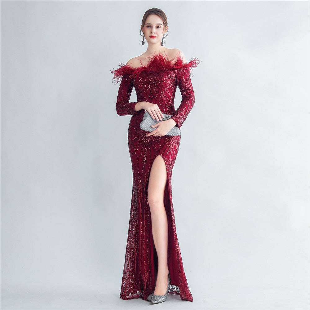 High-density Ostrich Feather Sequins Off-shoulder Long Sleeve Fishtail High-end Evening Dress - globaltradeleader