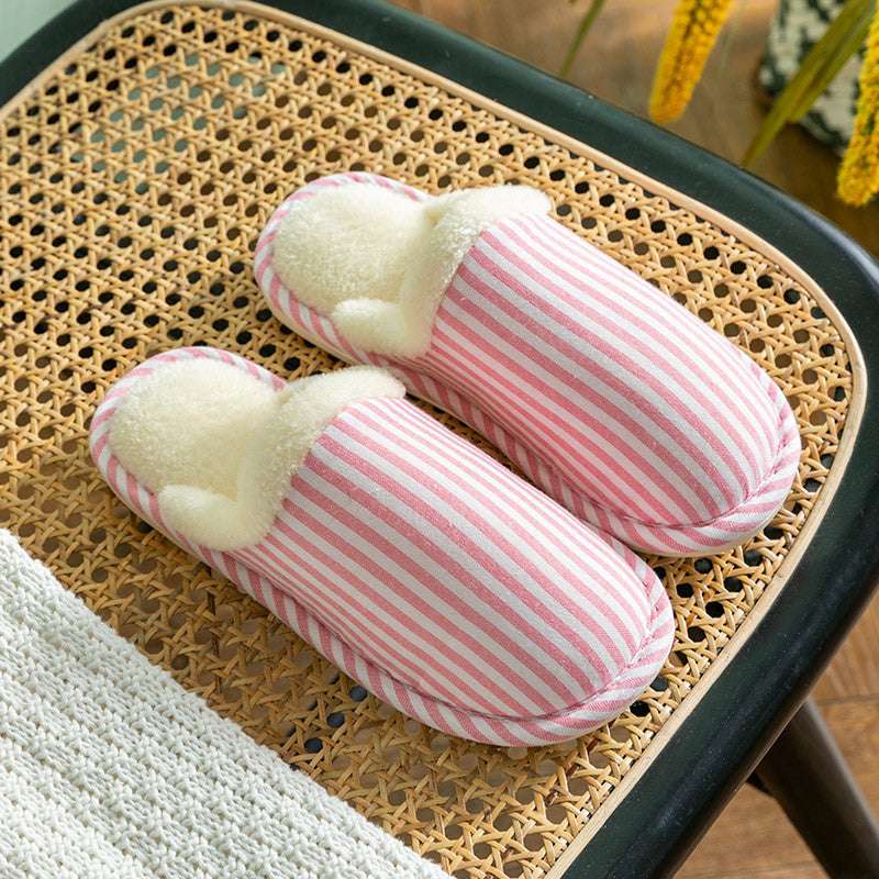 Fashion Striped Printed Slippers For Women Autumn And Winter Warm Non-slip Thick Sole House Shoes Men's Indoor Plush Shoes - globaltradeleader