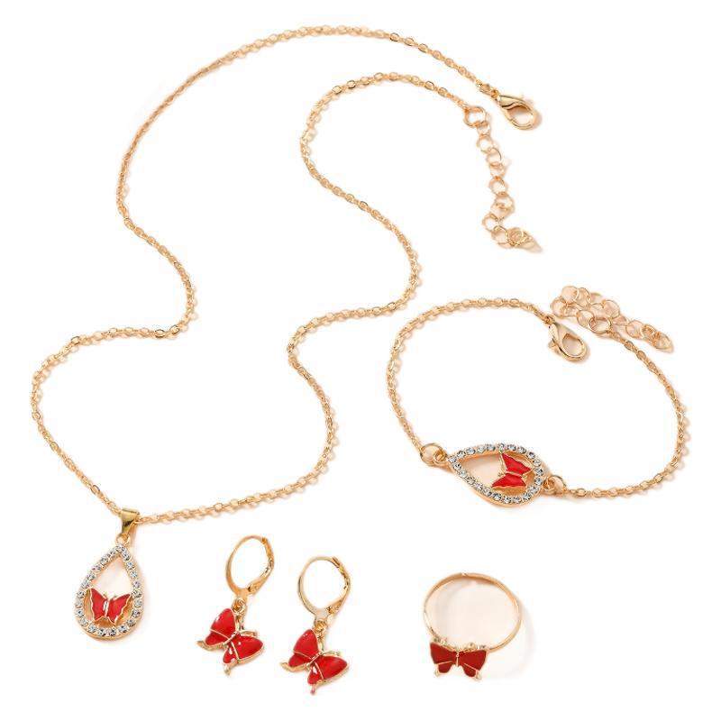 4PCS Set Luxury Women Butterfly Necklace Bracelet Earrings Drop Oil Diamond Jewelry For Girl Gift Jewelry Fashion Jewelry Set - globaltradeleader