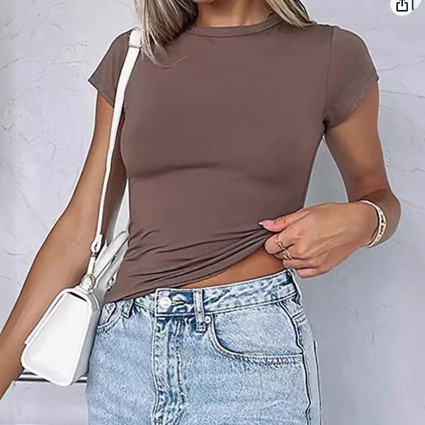 Basic Style Round Neck Short Sleeve Women's Tight Sexy - globaltradeleader