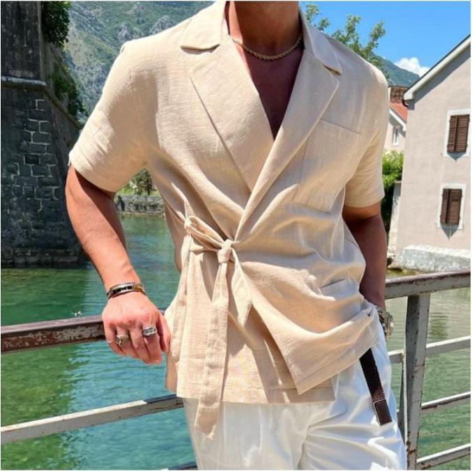 Summer Men's Solid Color Cotton And Linen Suit Lapel Tied Short Sleeve Shirt - globaltradeleader