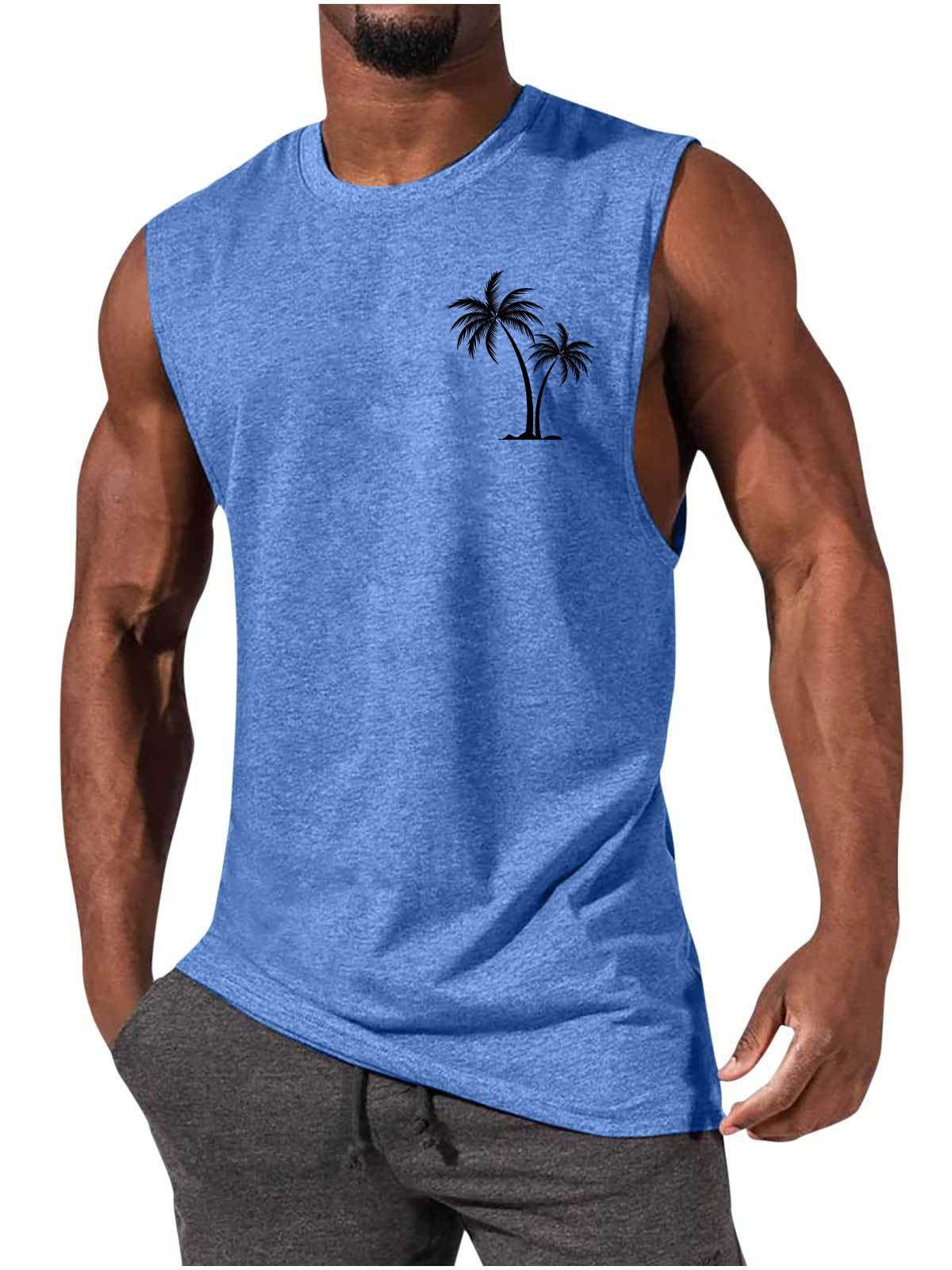 Coconut Tree Embroidery Vest Summer Beach Tank Tops Workout Muscle Men Sports Fitness T-shirt - globaltradeleader