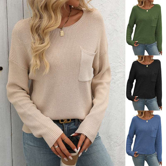 Women's Round Neck Pocket Decorative Top Long Sleeve Sweater - globaltradeleader