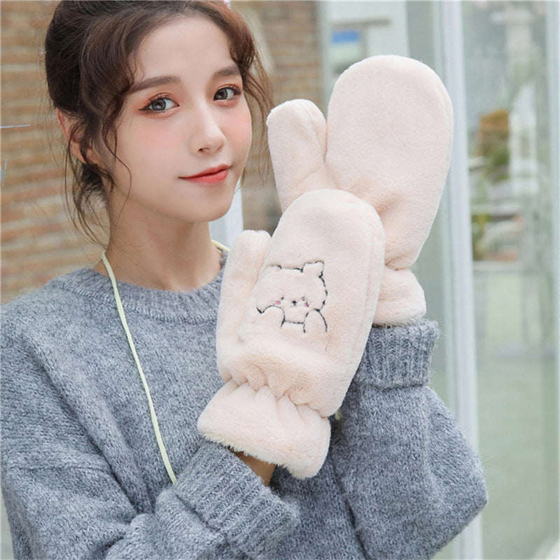 Winter Warm Cartoon Bear Cold Protection Fleece Thick Cotton Wool Gloves