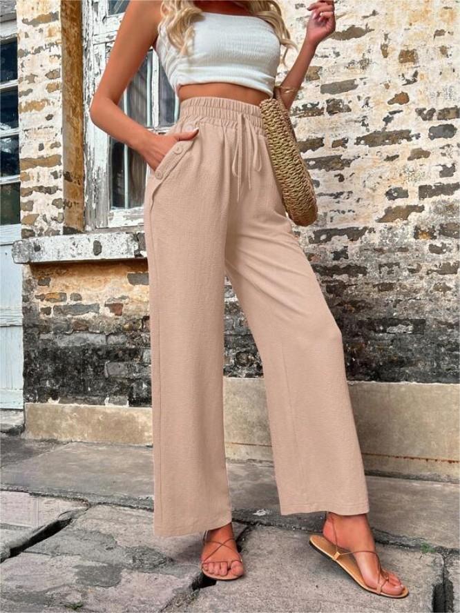 New Casual Pants With Pockets Elastic Drawstring High Waist Loose Trousers For Women - globaltradeleader