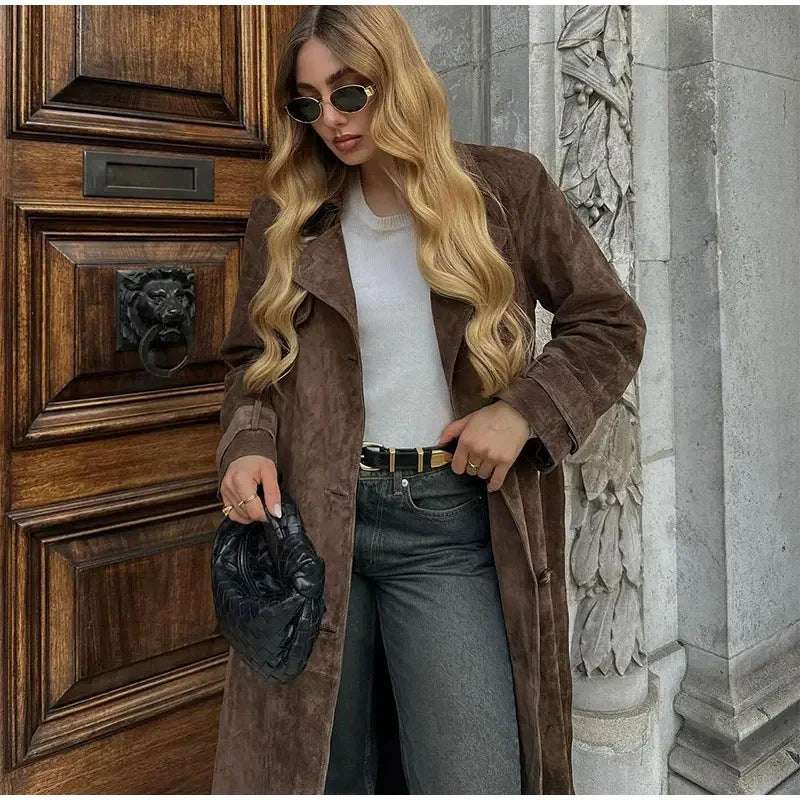 Double Breasted Lapel Shift Coat With Belt Fashion Vintage Suede Long Coat Winter Outwear Women's Clothing - globaltradeleader