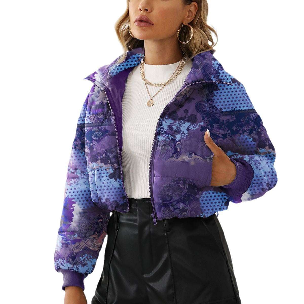 Fashion Bread Coat Women Print Stand Collar Short Coat Winter Jacket - globaltradeleader