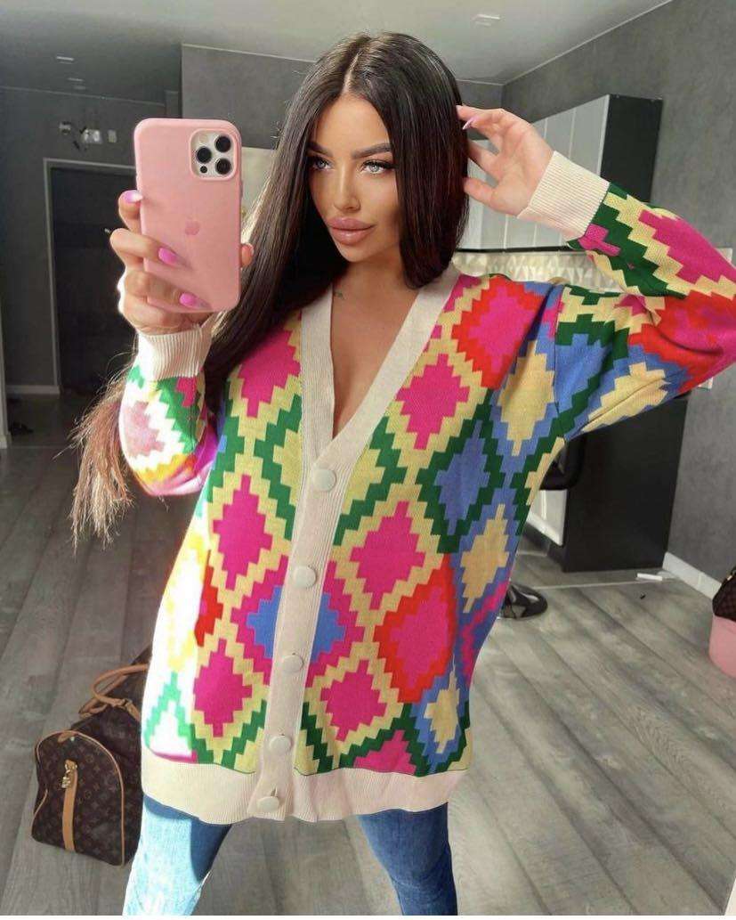 Sweater Coat Knitted Geometric Cardigan Loose