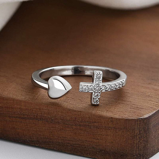 Cross Heart Ring With Rhinestones Open Adjustable Ring Ins Fashion Jewelry Accessories