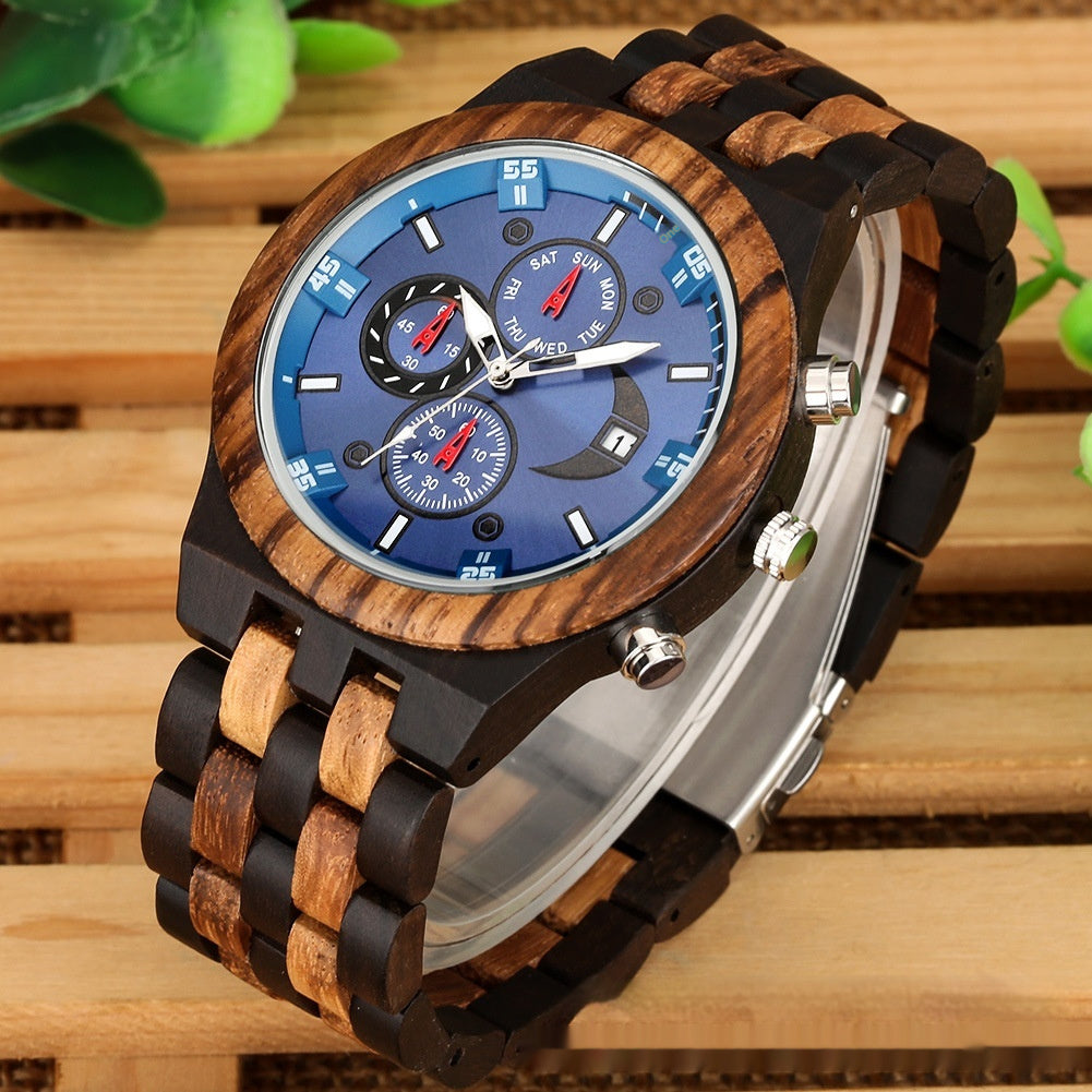 New Multi-functional Calendar Full Wood Band Quartz Watch - globaltradeleader