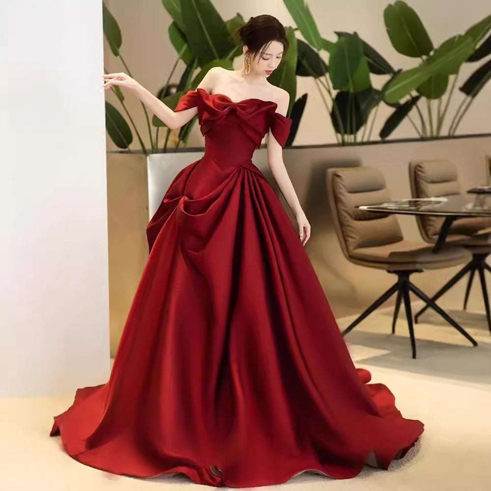 High-end Engagement Red Evening Dress French Off-shoulder Bow Princess Dress - globaltradeleader