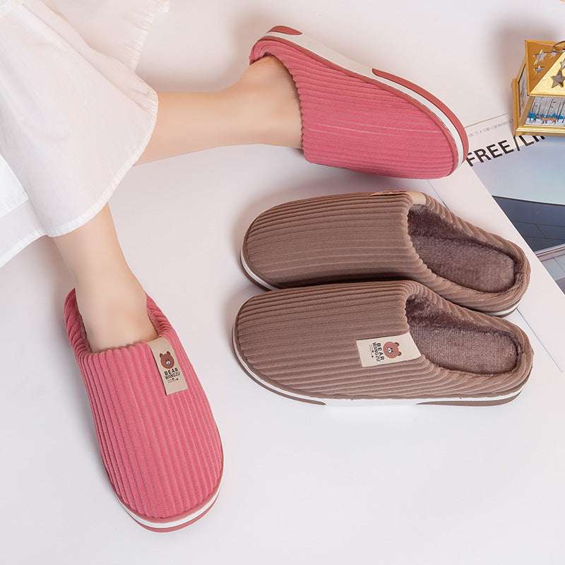 Solid Color Striped Slippers For Women Thick-soled Anti-slip Indoor Warm Plush Home Shoes Couple Women Men Slipper Winter - globaltradeleader