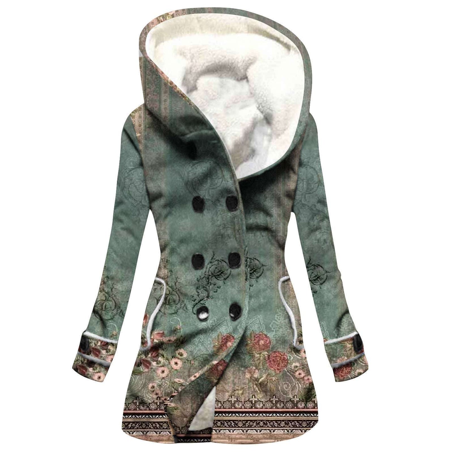 Women's Windbreaker Winter Thickened Imitation Lamb Stitching Floral Hooded - globaltradeleader