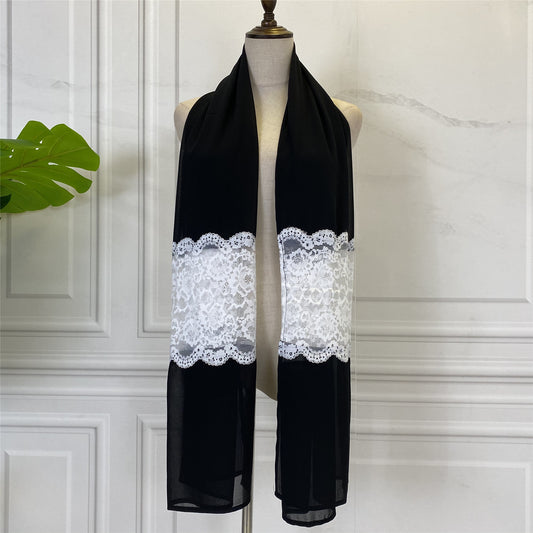 Women's Black Paneled White Lace Chiffon Bandana