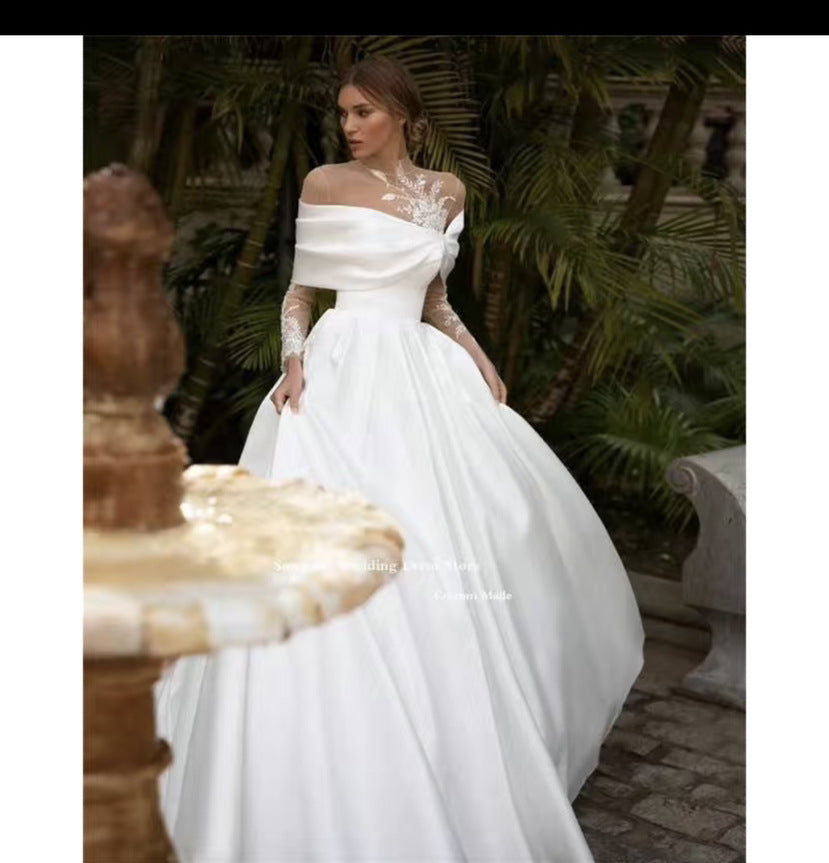Raglan Sleeve Long Sleeve White Tutu Skirt Satin Wedding Dress - globaltradeleader