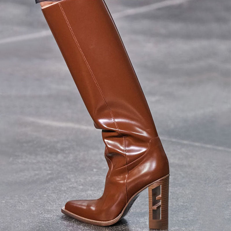 Square Toe Hollow-out Chunky Heel Cowhide Commuter Long Fashion Boots - globaltradeleader