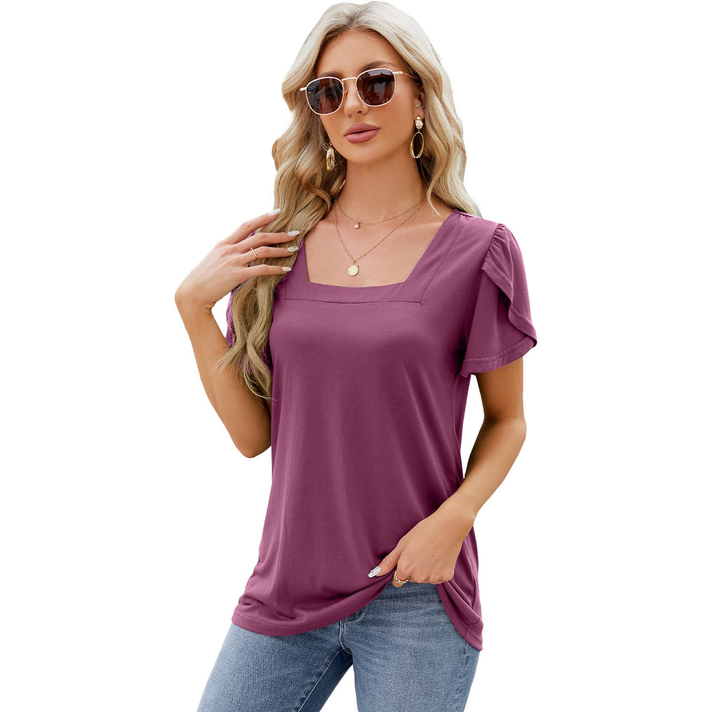 Summer Top Fashion Square Neck Printed Short-sleeved T-shirt With Petal Sleeve Design Bohemian Beach Loose T-shirt For Womens Clothing - globaltradeleader