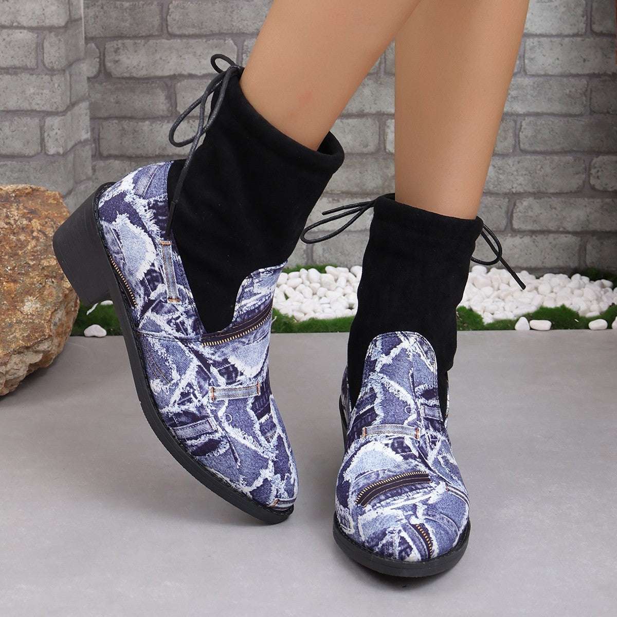 Serpentine Print Sock Boots Women Fashion Square Chunky Heels Cowboy Boots Autumn And Winter Back Lace-up Round Toe Shoes - globaltradeleader
