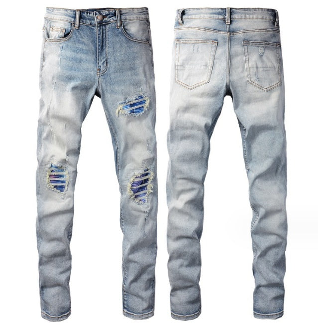 High Street Light Blue Broken Hole Colorful Gradient Pants - globaltradeleader