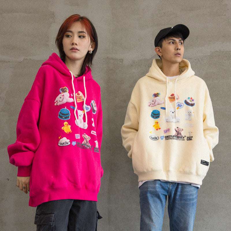 Funny Cartoon Print Tide Brand Casual Hooded Plus Fleece Sweater
