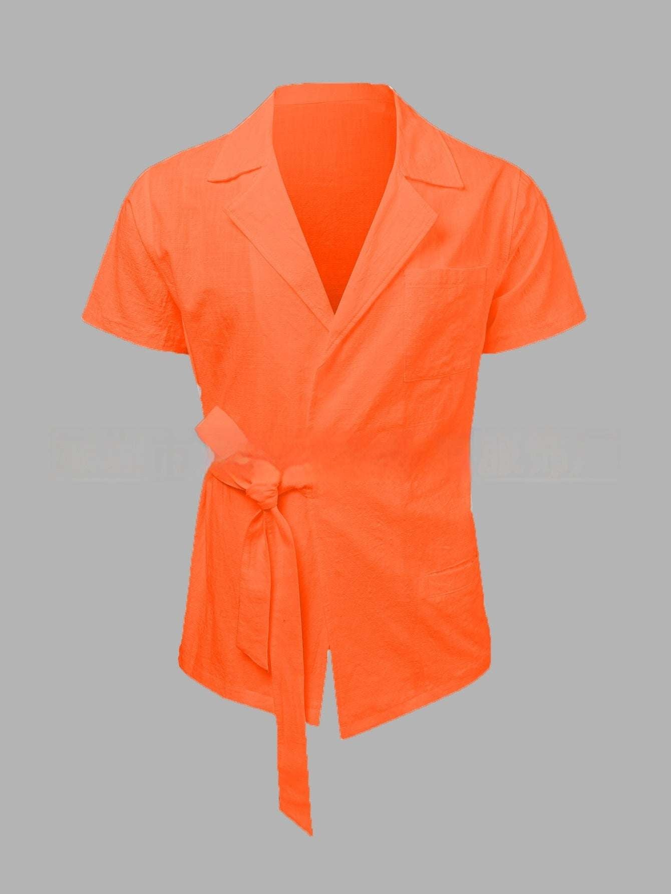 Summer Men's Solid Color Cotton And Linen Suit Lapel Tied Short Sleeve Shirt - globaltradeleader