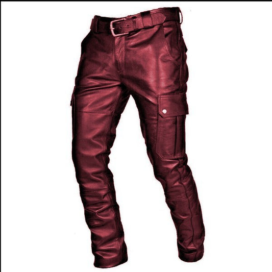 Fashion Solid Color PU Strap Casual Men's Leather Pants - globaltradeleader