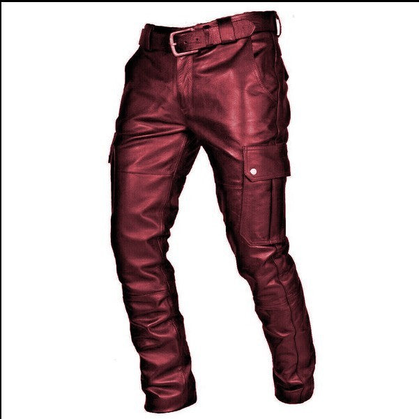 Fashion Solid Color PU Strap Casual Men's Leather Pants - globaltradeleader