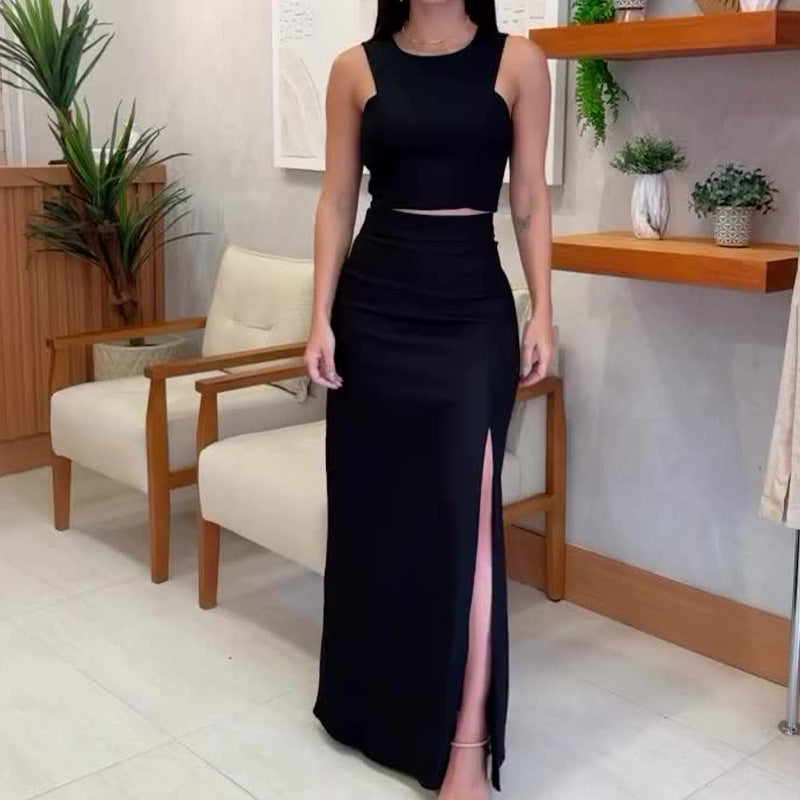 Solid Color Round Neck Sleeveless Top High Waist Slit Skirt Suit - globaltradeleader