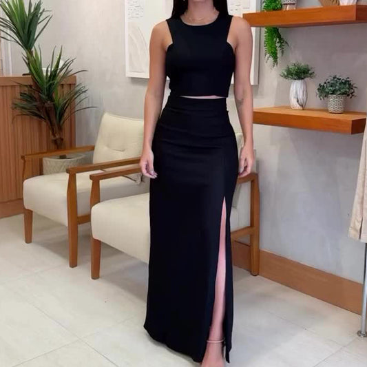 Solid Color Round Neck Sleeveless Top High Waist Slit Skirt Suit - globaltradeleader
