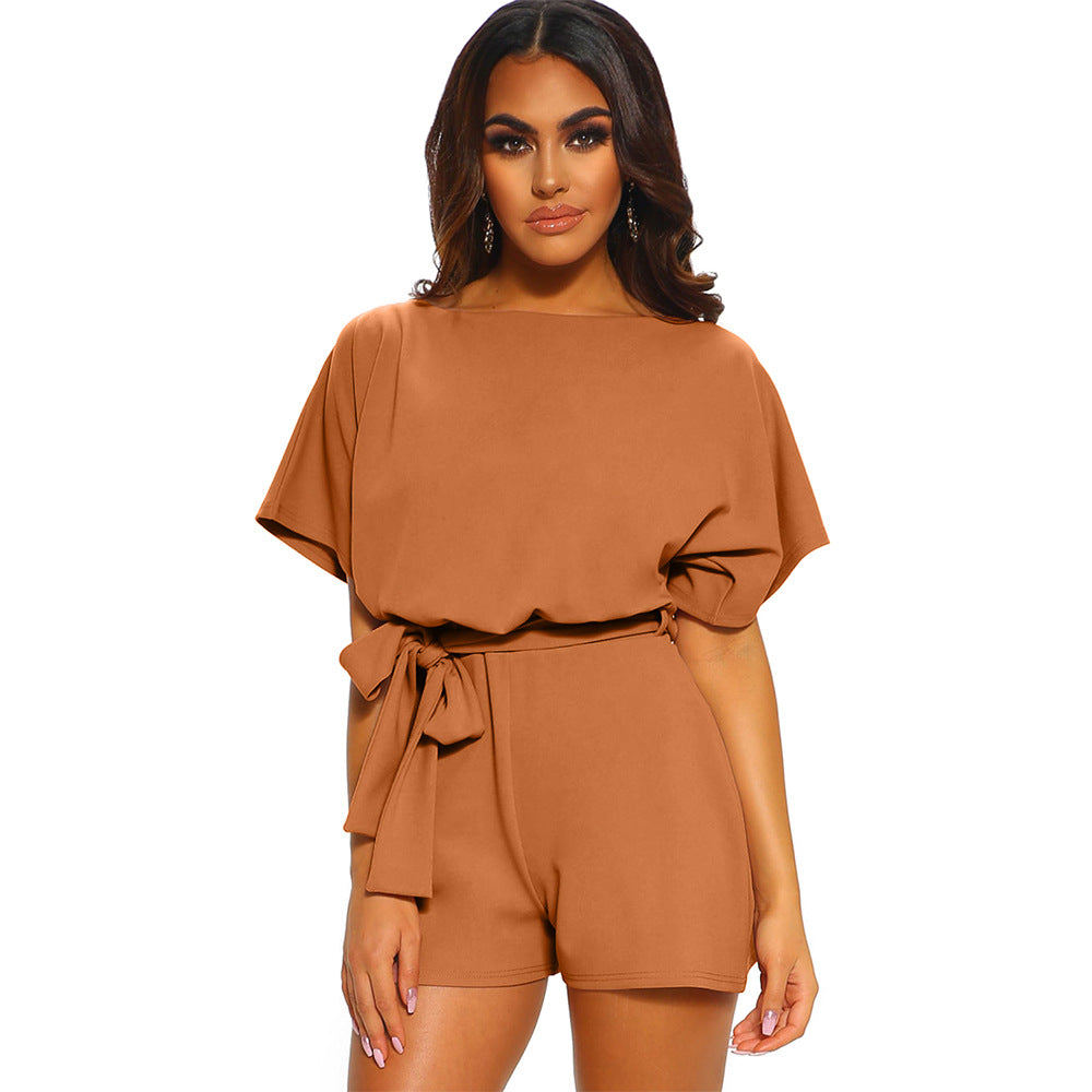 Women's Round Neck Short-sleeved Lace-up Jumpsuit - globaltradeleader