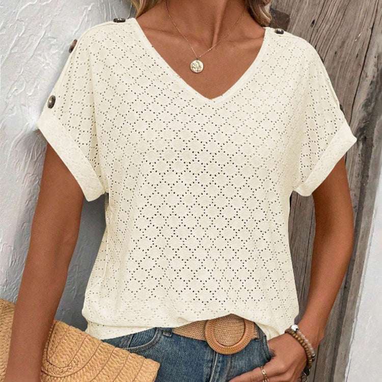 Button Solid Color Circle Loose Short Sleeve T-shirt For Women - globaltradeleader