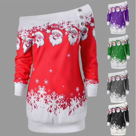 Christmas Women'S Positioning Printing One-Shoulder Long-Sleeved T-Shirt Sweater