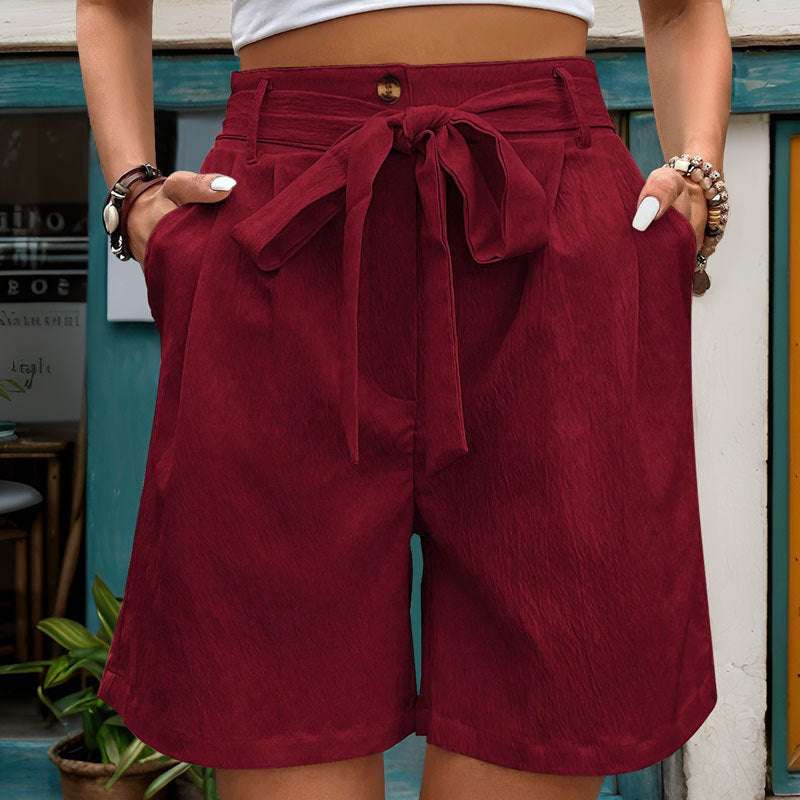 Women's Simple Casual Lace Up Elastic Waist Solid Color Shorts - globaltradeleader