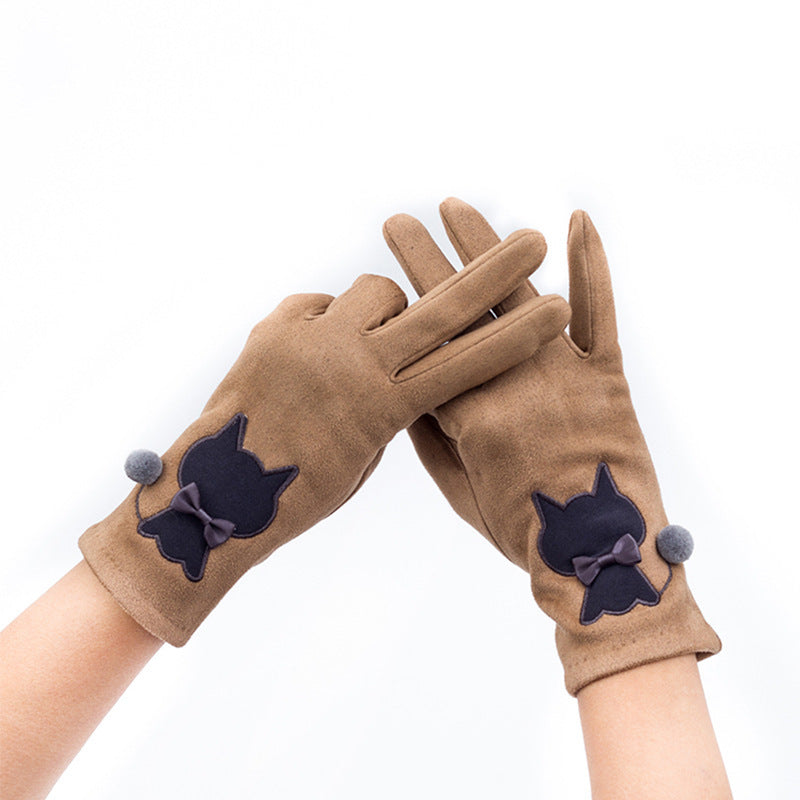 Autumn And Winter Embroidered Cat Touch Screen Gloves Suede Thickened Fleece-lined Riding Warm Gloves - globaltradeleader