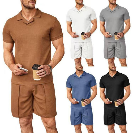 2pcs Set Men V Neck Polo Shirt Lapel Short Sleeve Men's Suit Waffle Style Casual Fashion T-Shirt Summer