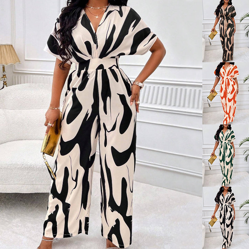 V-neck Loose Printed Long Jumpsuit - globaltradeleader