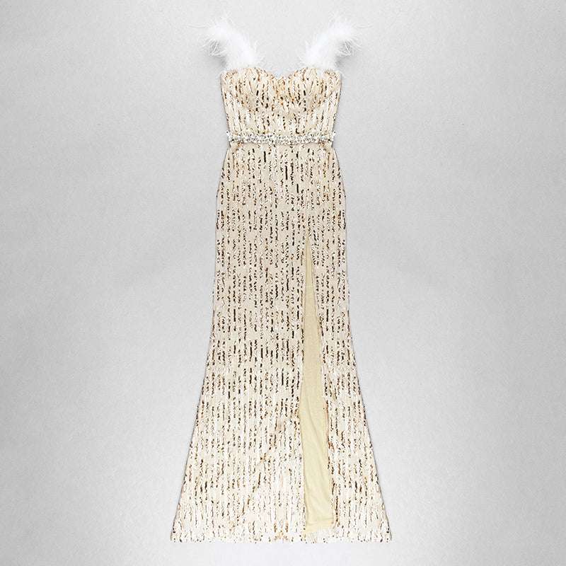 Feather Raglan Large Slit Sexy Fishtail Evening Dress