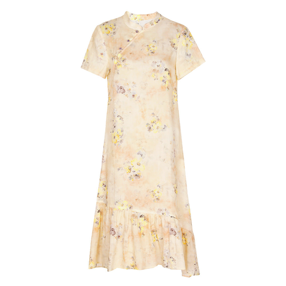 Women's Chinese Stand Collar Print Improved Cheongsam Literary Button Dress