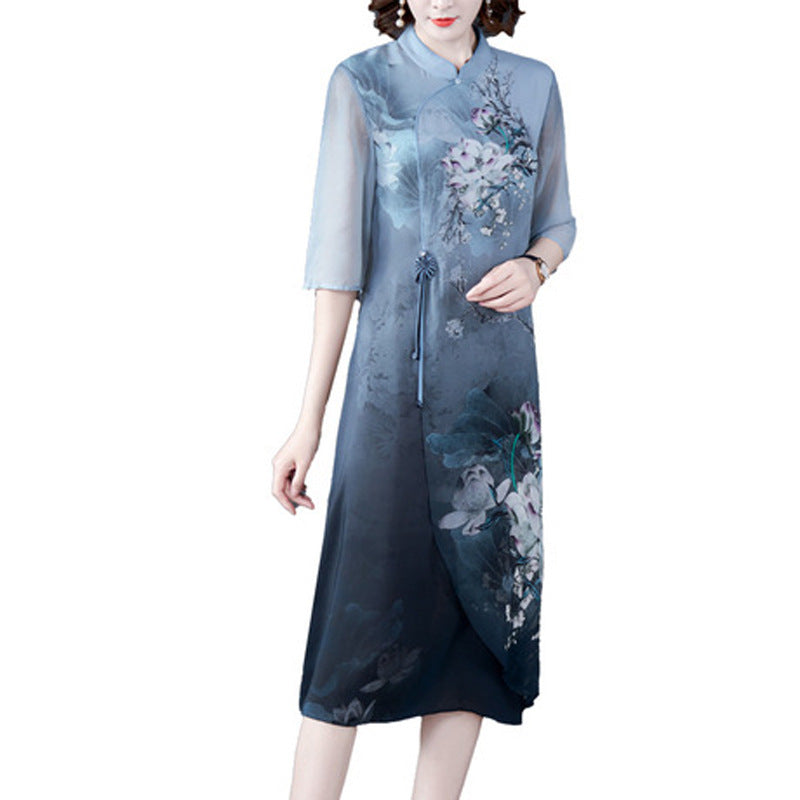 Chinese style printed silk cheongsam