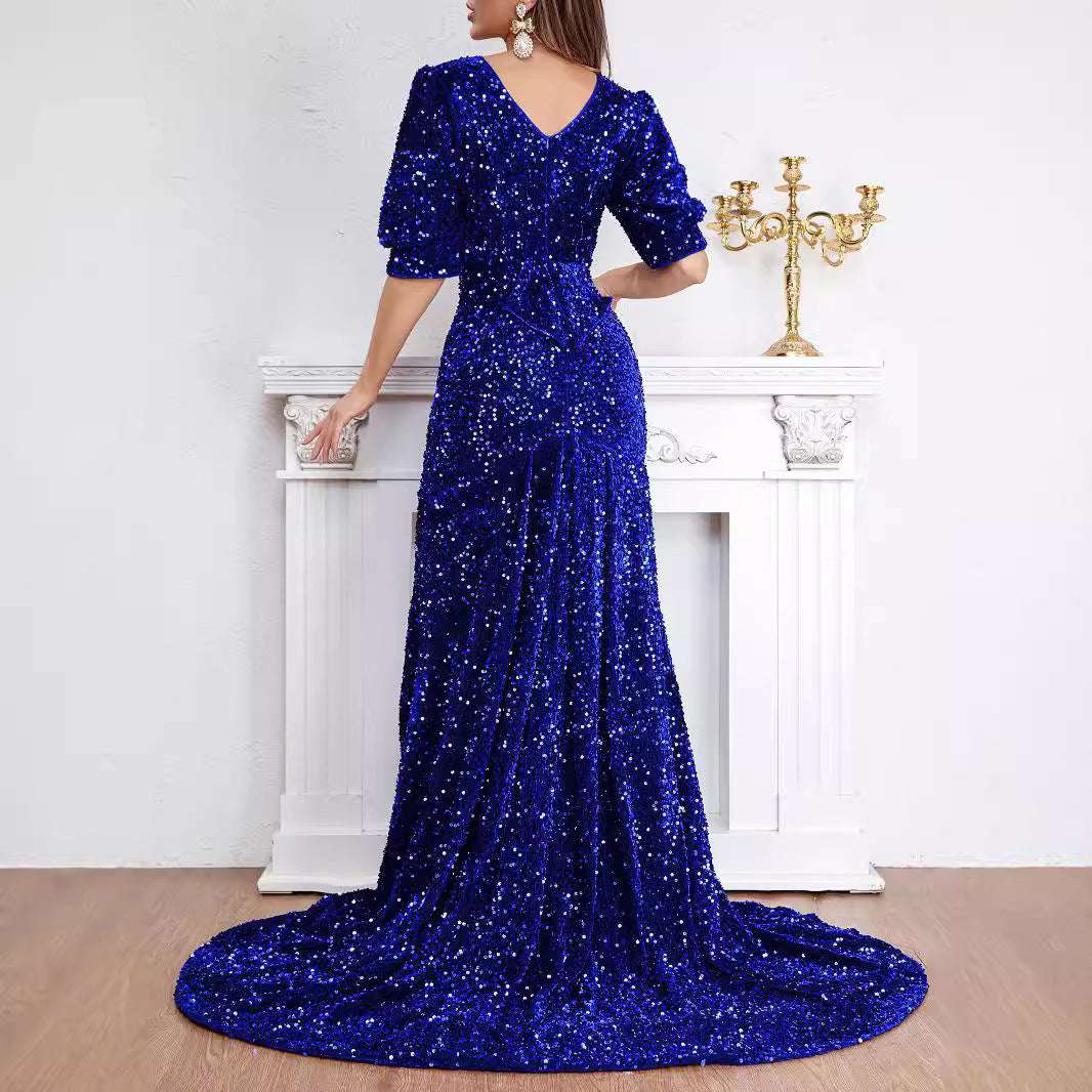 Sexy Middle Sleeve Trailing Sequin Dress Banquet Evening Dress - globaltradeleader