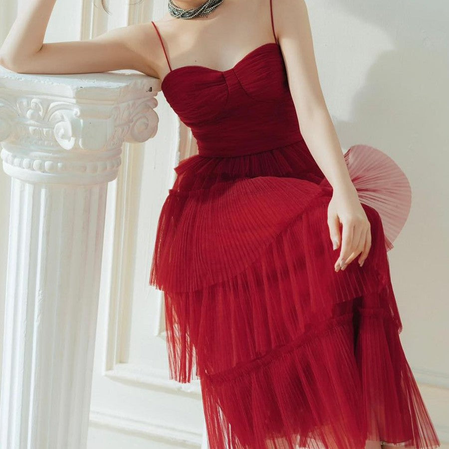 Suspender Spread Chest Temperament Dark Red Flowing Small Dress Long Skirt - globaltradeleader