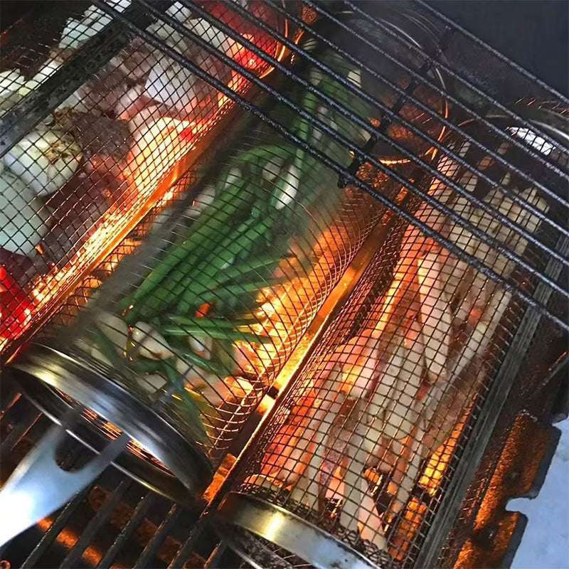Rolling Grilling Basket Metal BBQ Barbecue Basket Net Portable Outdoor Camping Barbecue Rack Kitchen Gadgets - globaltradeleader