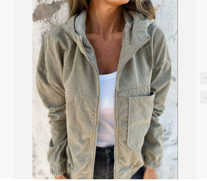 Corduroy Hooded Zip-up Jacket With Pockets Fashion Casual Drawstring Tops Outerwear Women's Clothing - globaltradeleader