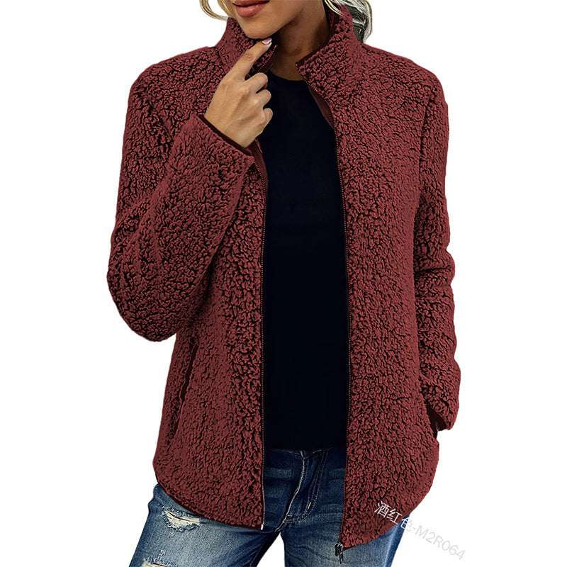 Stand Collar Solid Color Top Sweater Women's Casual Fashion Long Sleeve Zipper Bubble Velvet Coat - globaltradeleader