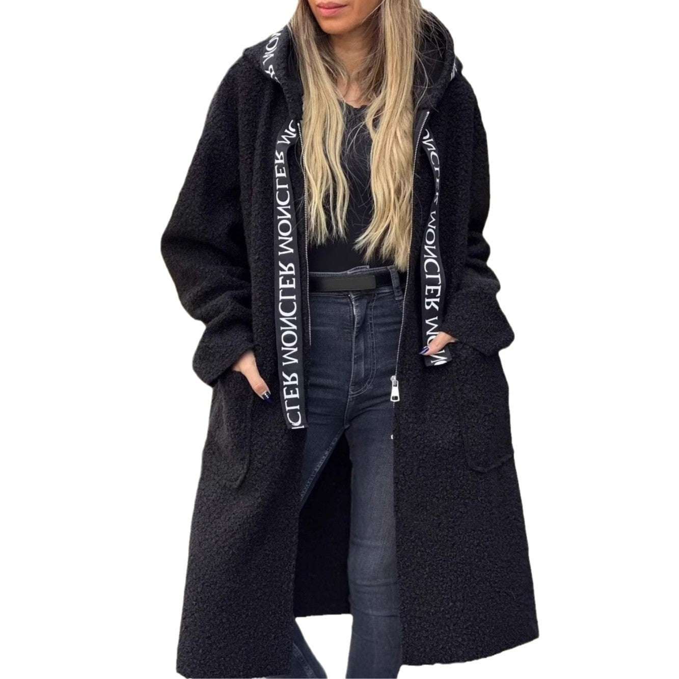 Ladies Hooded Letters Lamb Wool Coat - globaltradeleader