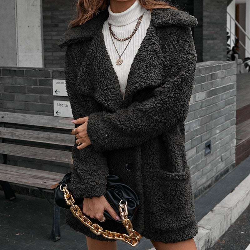 Single Breasted Bubble Fleece Jacket Loose Lapel Lamb Fleece Trench Coat - globaltradeleader