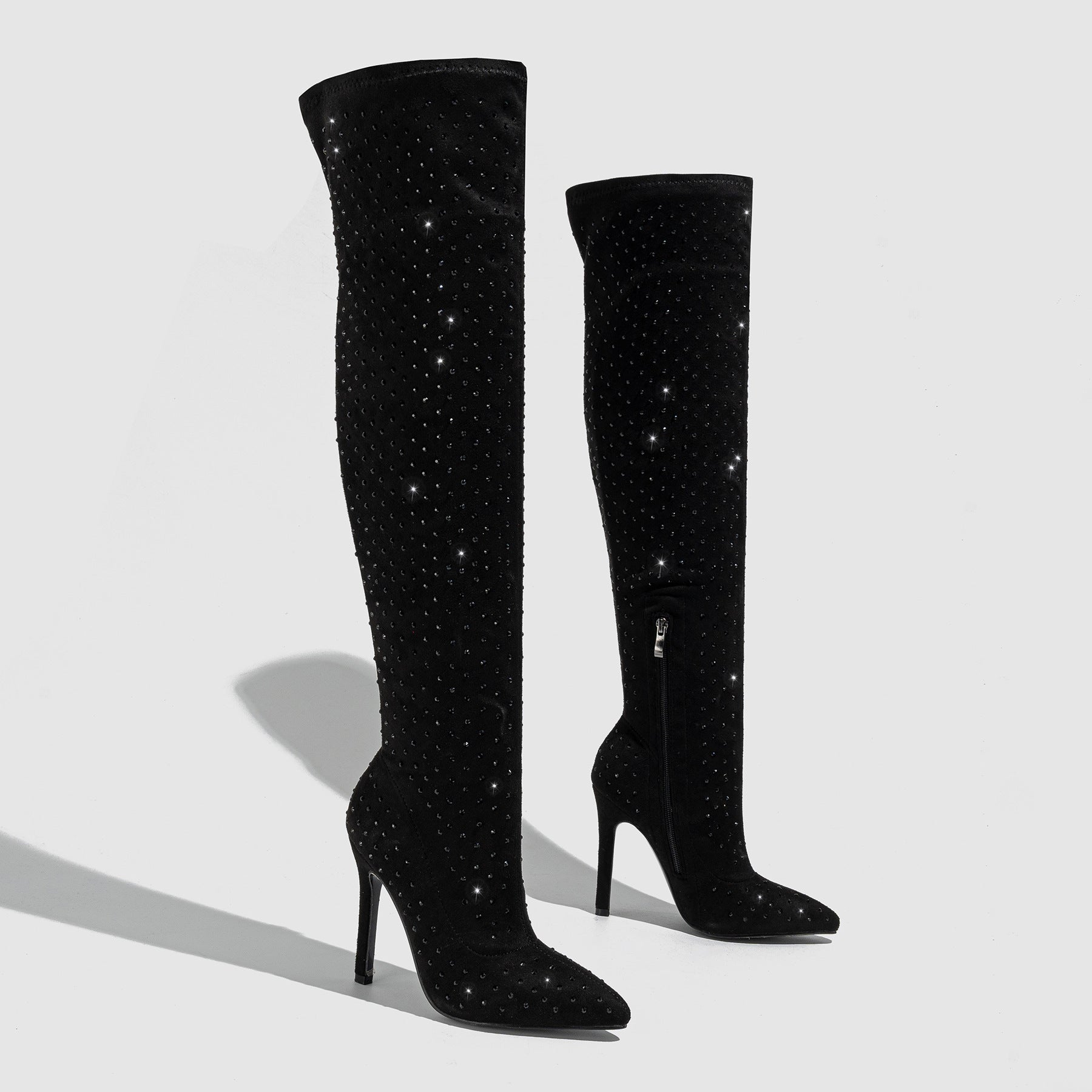 Pointed Toe Diamond Stiletto Heel Side Zipper Over-the-knee High Boots - globaltradeleader